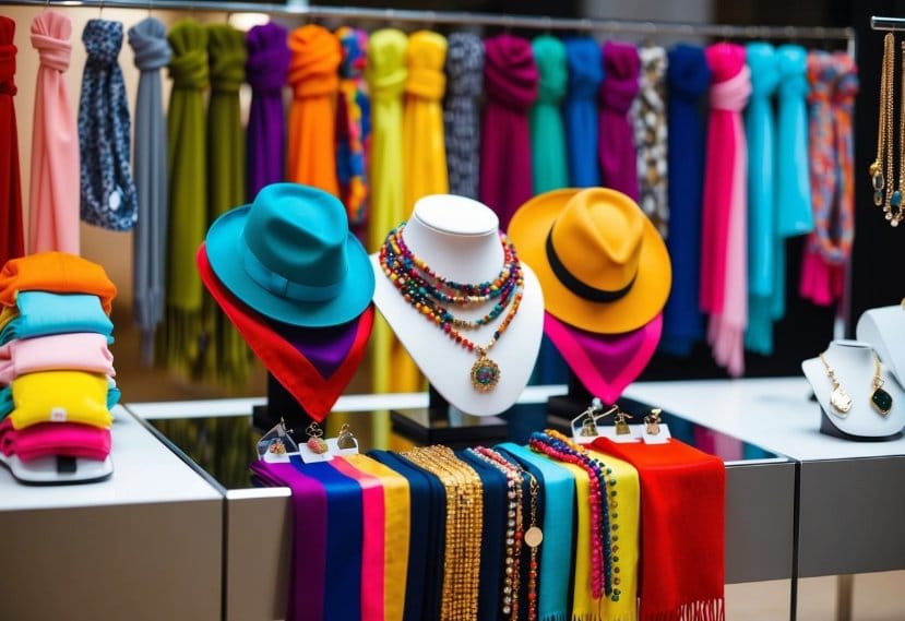Colorful accessories arranged on a sleek display stand, with vibrant scarves, hats, and jewelry for kids and adults