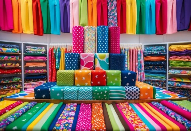 A vibrant display of colorful and playful fabric patterns for kids and adults, showcasing the latest fashion trends
