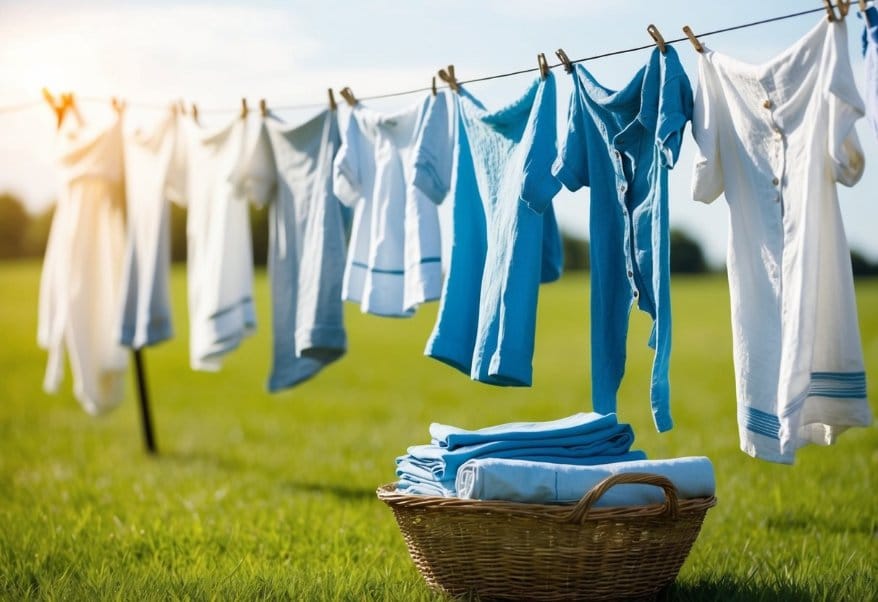 A clothesline filled with freshly washed linen garments swaying in the breeze, with a basket of folded linens nearby