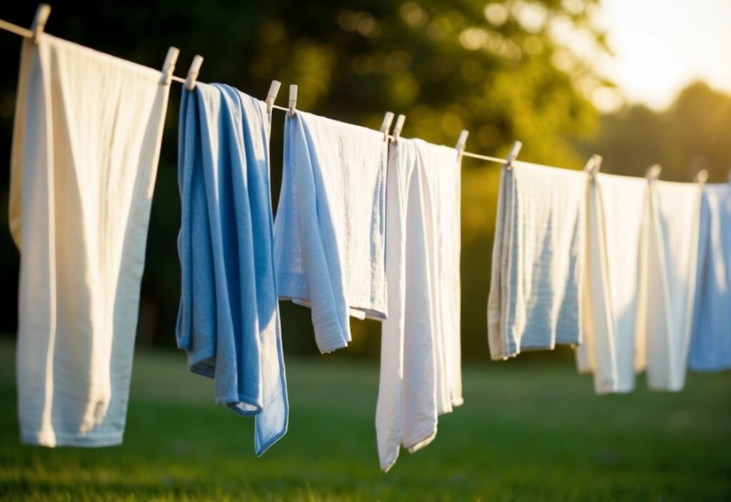 Freshly washed linen draped over a clothesline, gently swaying in the breeze under the warm sunlight