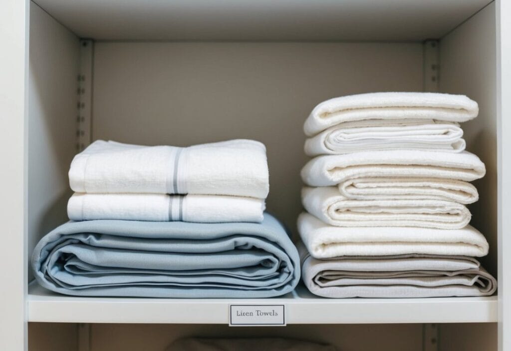 A neatly folded stack of linen towels and sheets arranged on a shelf with a label for proper storage