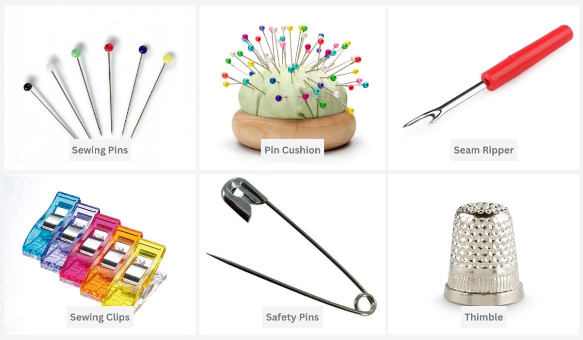 sewing notions including pins pin cushion seam ripper clips safety pins and thimble