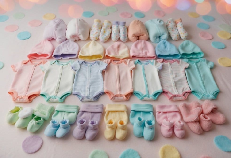 A colorful array of tiny onesies, sleepers, hats, and booties scattered on a soft, pastel-colored blanket