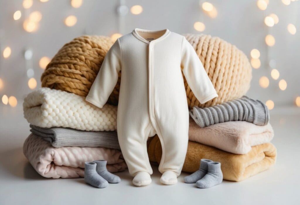 A soft, cozy onesie made from organic cotton, surrounded by plush blankets and tiny socks