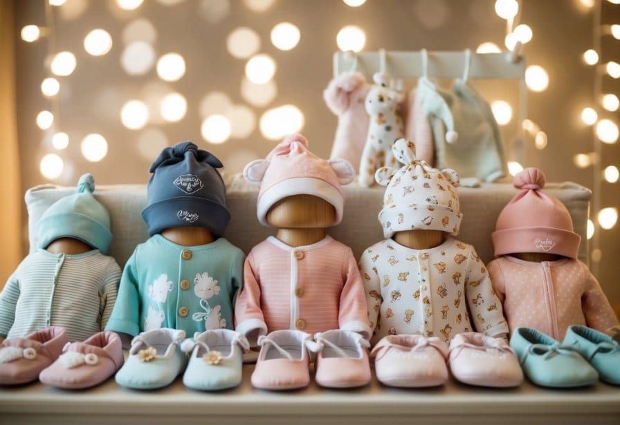 A cozy display of trendy newborn clothing, featuring soft fabrics and adorable patterns, with cute accessories and tiny shoes