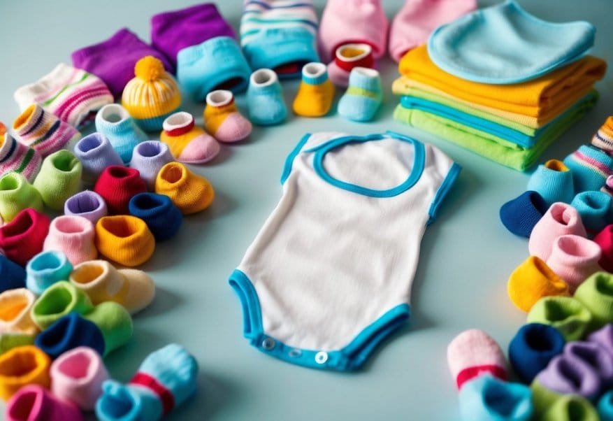 A colorful array of tiny socks, hats, and bibs scattered around a neatly folded onesie and tiny pants