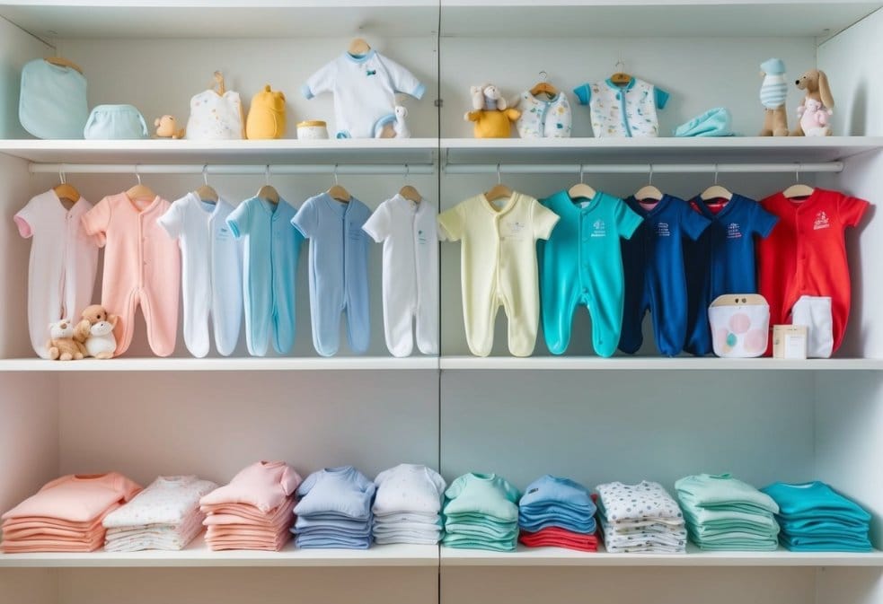 A colorful array of soft, durable onesies, sleepers, and accessories neatly arranged on shelves in a bright, modern nursery settingA colorful array of soft, durable onesies, sleepers, and accessories neatly arranged on shelves in a bright, modern nursery setting