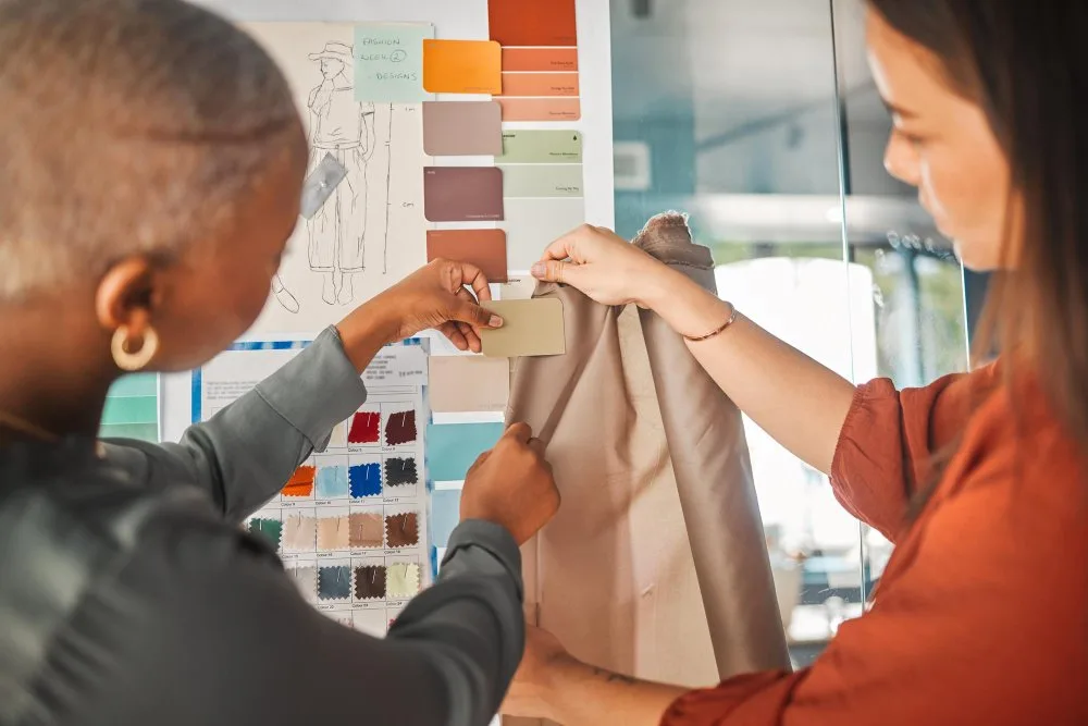 fabric swatches and color samples used to match fabric types with sewing projects