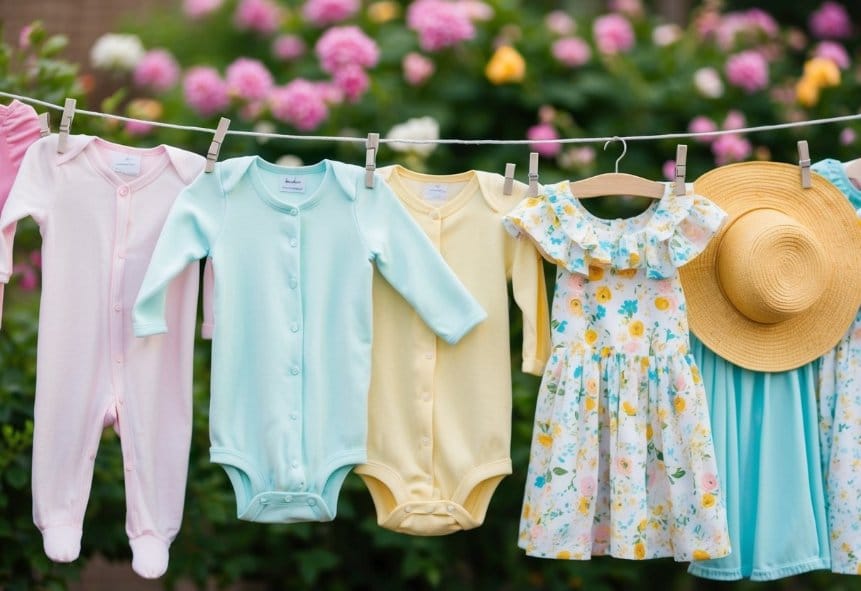 A collection of pastel-colored onesies, tiny cardigans, floral-patterned dresses, and sun hats arranged on a clothesline with blooming flowers in the background