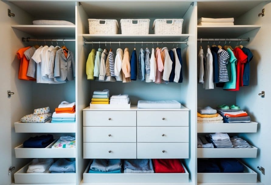 A neatly organized closet with shelves and drawers filled with neatly folded and hung infant clothing for different seasons