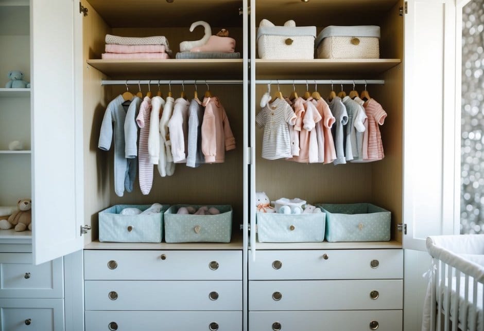 A cozy nursery with a neatly organized wardrobe filled with soft, seasonal clothing for infants. The room is well-lit and features safety locks on drawers and cabinets