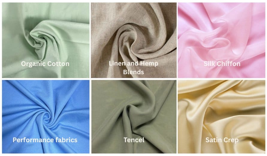 Lightweight spring and summer fabrics in light bright colors showing breathable textures