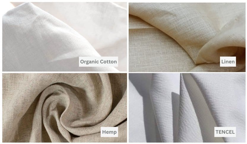 Organic cotton linen hemp and Tencel sustainable eco friendly natural fabrics in neutral tones with visible weave texture