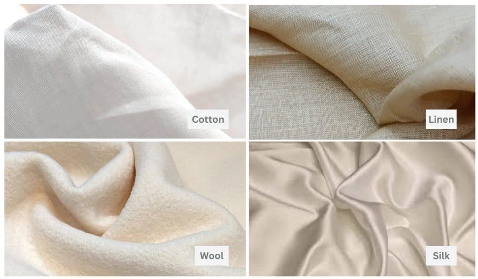 Collage of cotton, linen, wool, and silk fabric textures