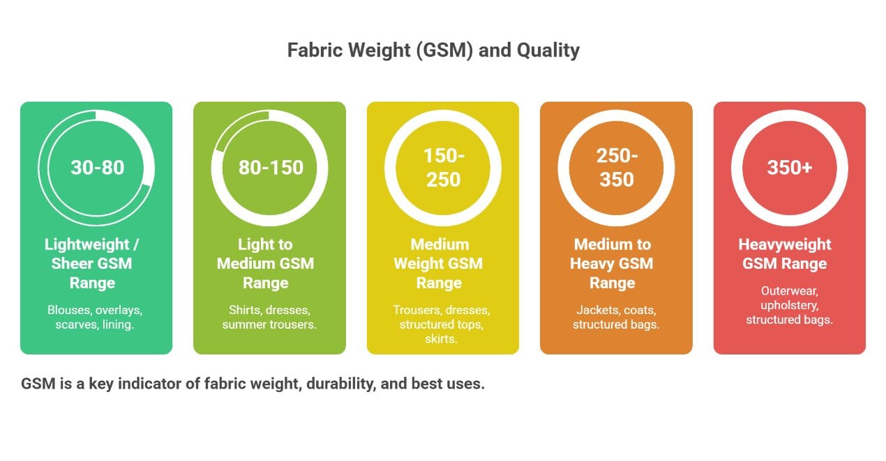 Fabric weight chart showing GSM ranges from lightweight to heavyweight textiles