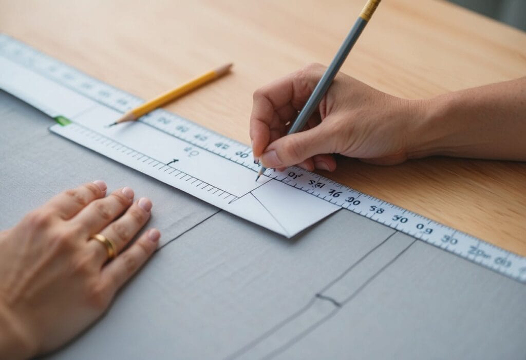 A pattern with standard seam allowances being measured and marked with a ruler and pencil on fabric