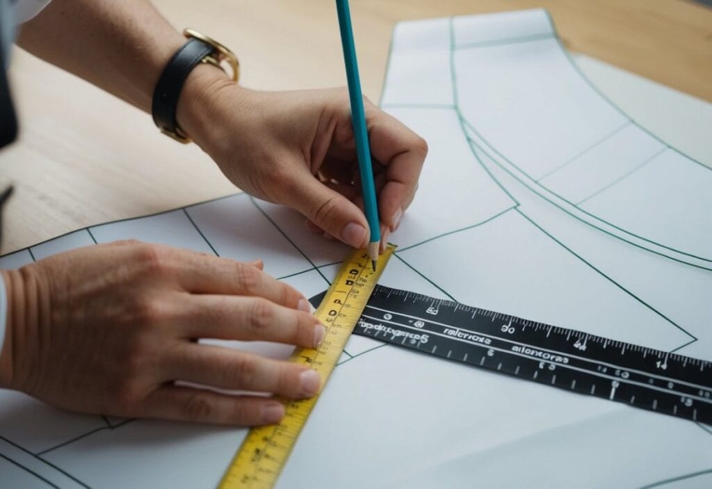 A tailor measures and adjusts seam allowances on a pattern with a ruler and pencil