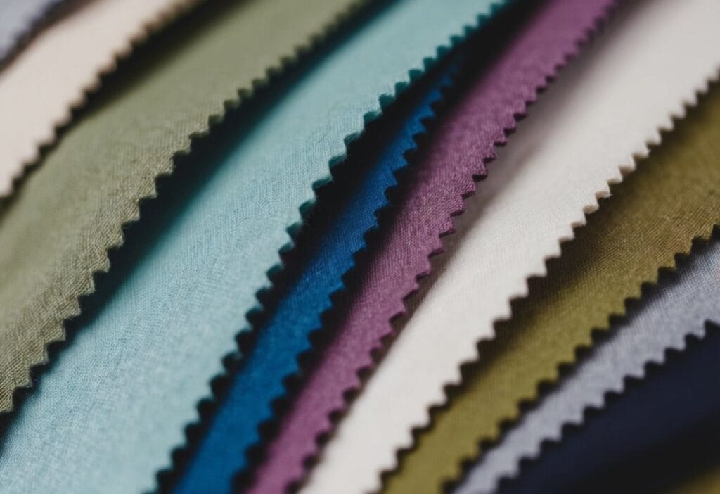 A close-up of different fabric swatches with varying seam allowances marked in contrasting colors