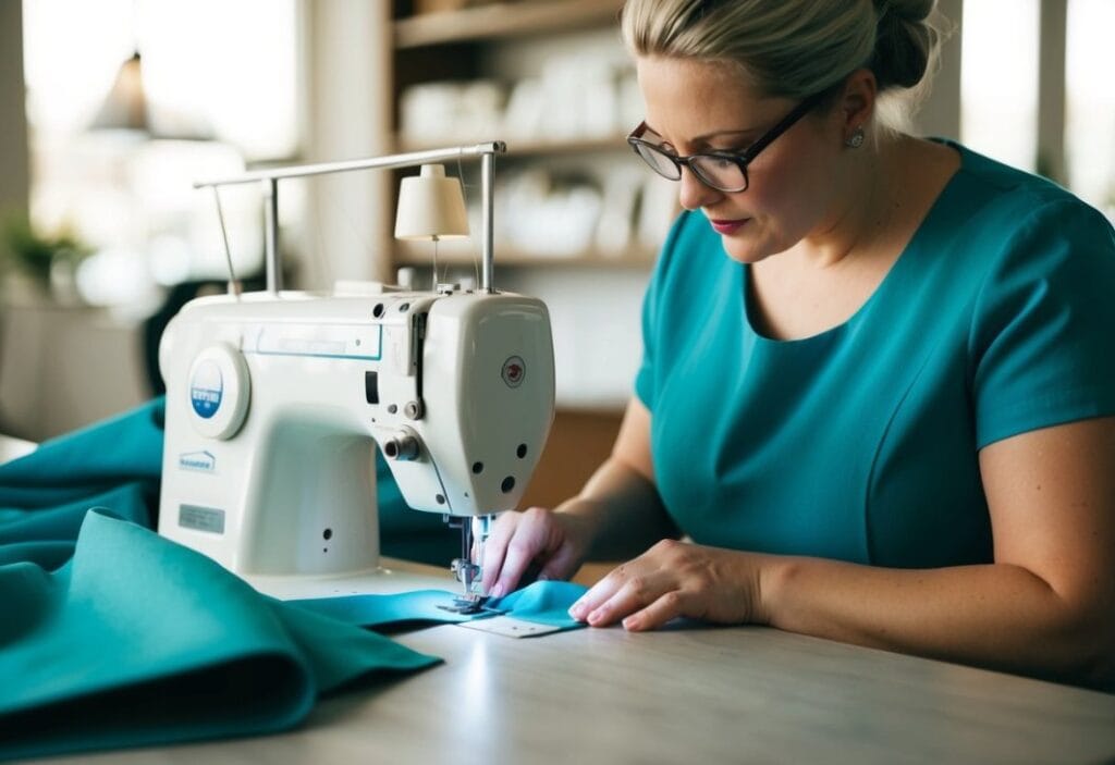 A seamstress carefully measures and cuts fabric, then sews precise seams with a sewing machine