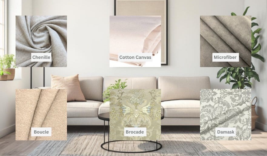 Home interior with chenille, cotton canvas, microfiber, boucle, brocade, and damask samples