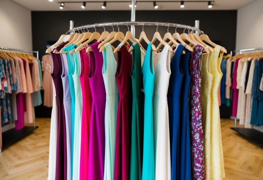 A rack of colorful women's dresses displayed in a well-lit boutique setting, with various styles and lengths to choose from