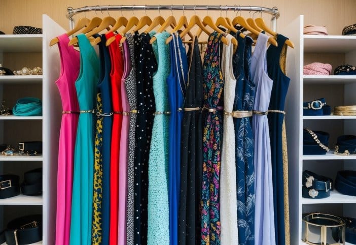 A rack of colorful women's dresses with various patterns and textures, surrounded by shelves of accessories like belts, scarves, and jewelry