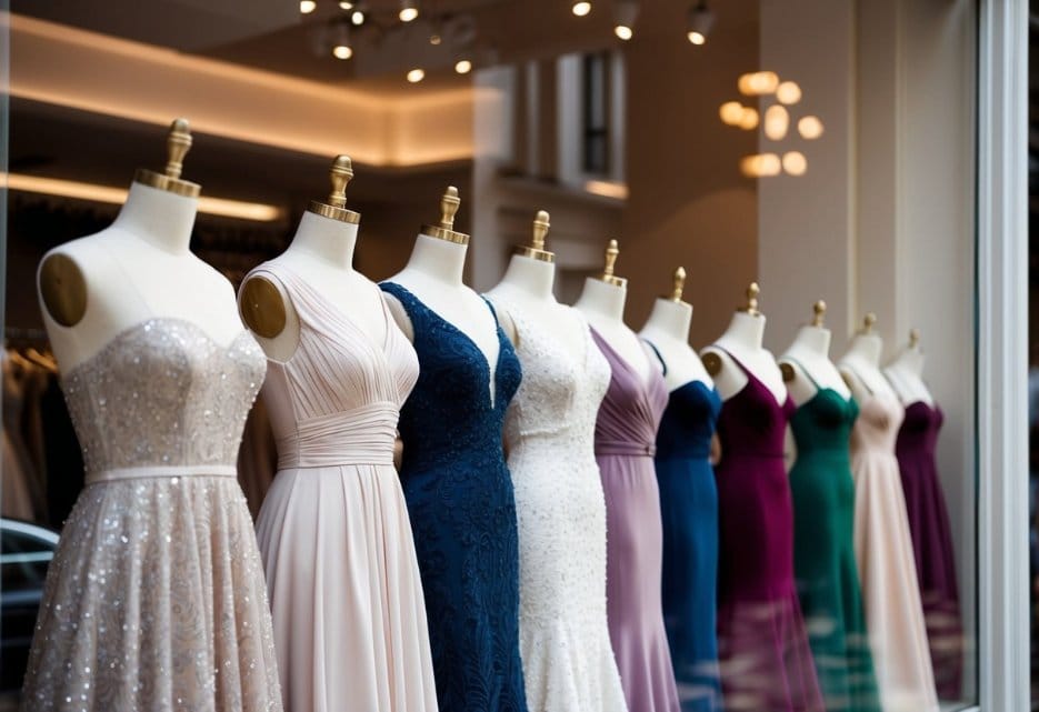 A row of elegant women's dresses displayed on mannequins in a boutique window, with soft lighting highlighting the intricate details and luxurious fabrics