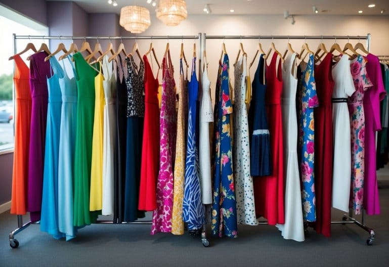 A rack of colorful and diverse women's dresses arranged in a boutique setting, with various styles and designs on display