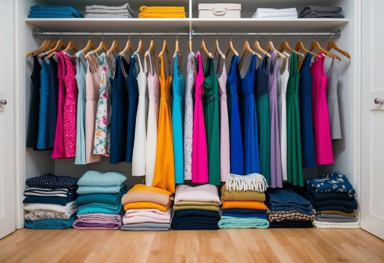A neatly organized closet with a row of colorful dresses on hangers, surrounded by neatly folded scarves and accessories