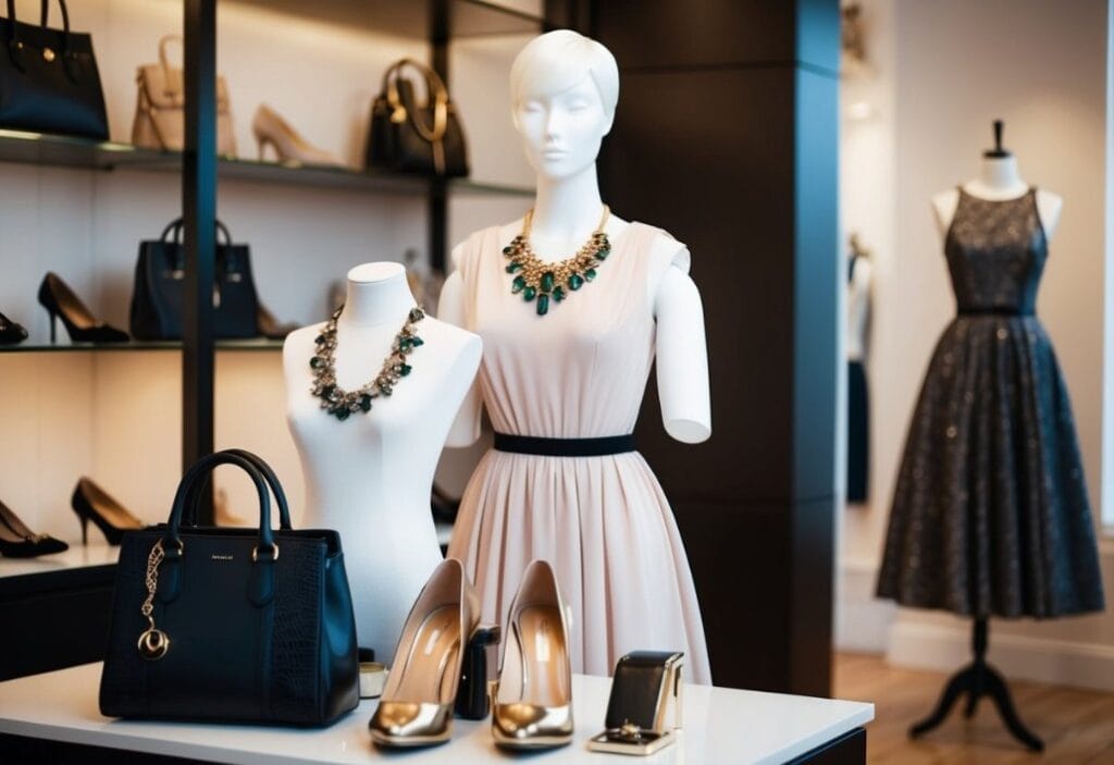 A mannequin stands in a boutique, adorned with an elegant dress and accessorized with jewelry, shoes, and a handbag