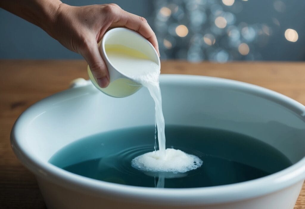 A hand pouring gentle detergent into a basin of water with a few strands of wool floating on the surface