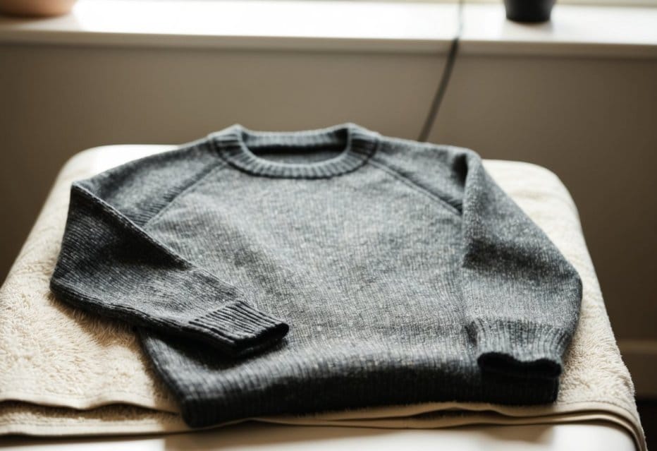 A wool sweater laid flat on a towel, being reshaped and left to dry