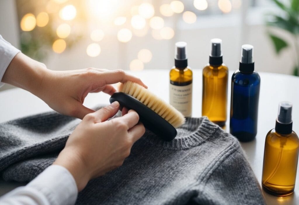 A hand holding a soft brush gently cleaning a wool sweater, surrounded by bottles of professional care products