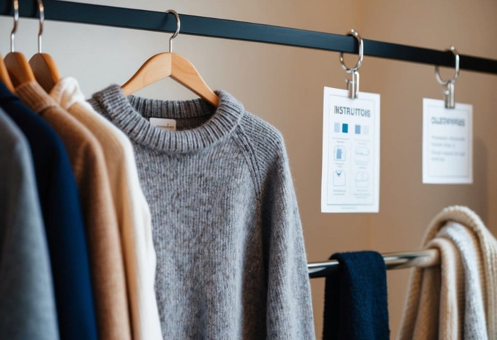 A cozy wool sweater hanging next to other fabric garments, with care instructions displayed nearby