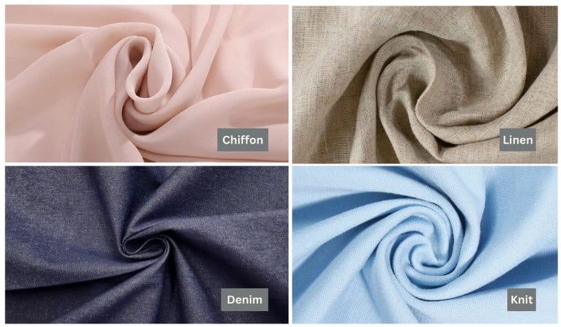 Chiffon, linen, denim, and knit fabric texture comparison collage