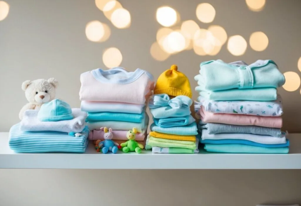 A pile of baby clothes and accessories arranged neatly on a shelf, including onesies, socks, hats, and small toys