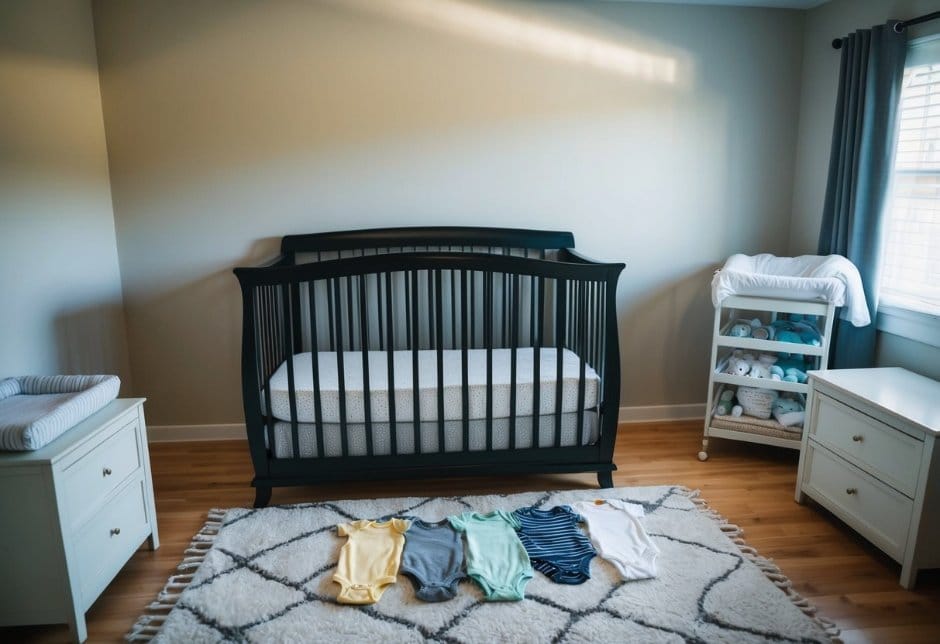 A nursery with a crib, mattress, and changing table. A pile of baby clothes ready for reuse