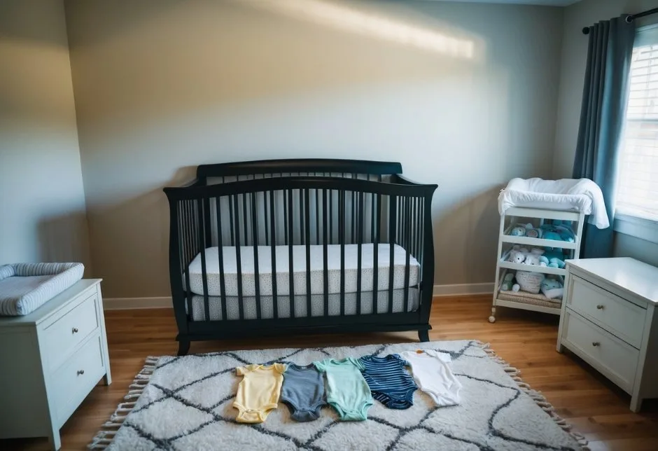 A nursery with a crib, mattress, and changing table. A pile of baby clothes ready for reuse