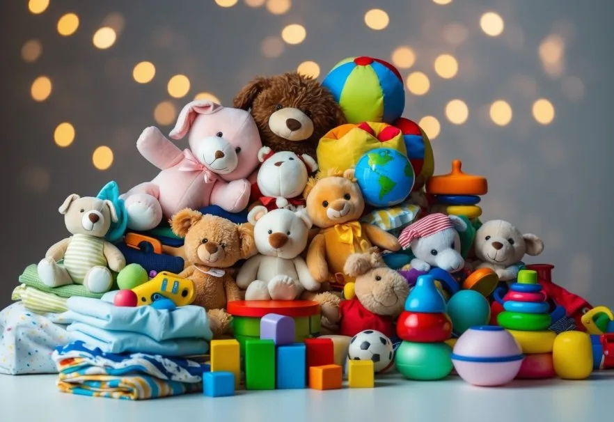 A pile of well-loved stuffed animals and colorful educational toys scattered among a collection of gently worn baby clothes