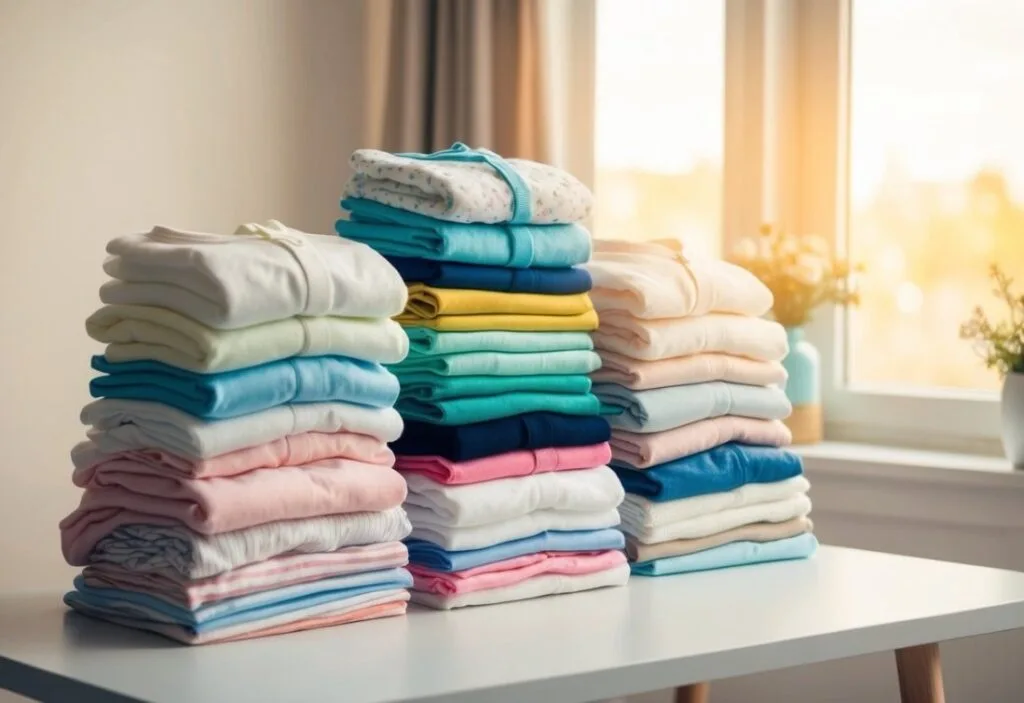 A pile of gently used baby clothes arranged neatly on a table, with a soft, warm glow of natural light streaming in from a nearby window
