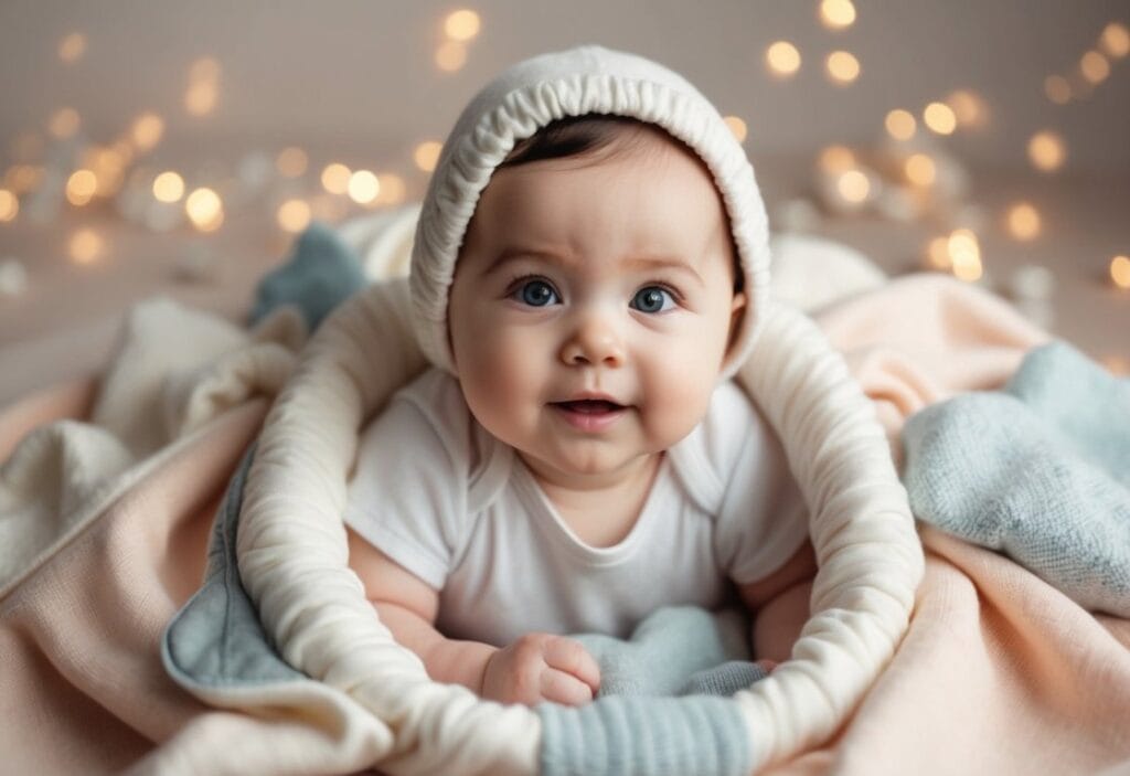 A baby surrounded by soft, hypoallergenic fabrics and clothing, with gentle colors and natural textures
