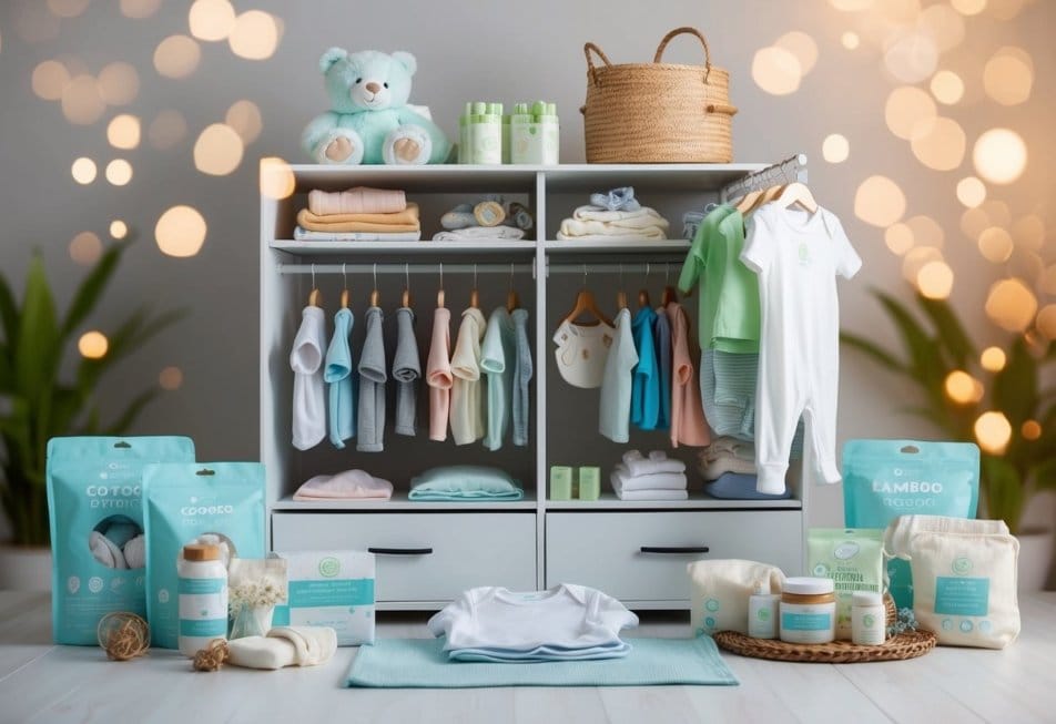 A baby's wardrobe filled with organic cotton and bamboo clothing, surrounded by eco-friendly and sustainable baby products