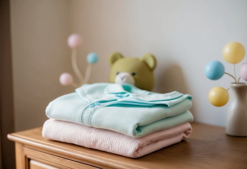 A baby's clothing made of hypoallergenic fabrics, with soft textures and gentle pastel colors, neatly folded on a wooden dresser