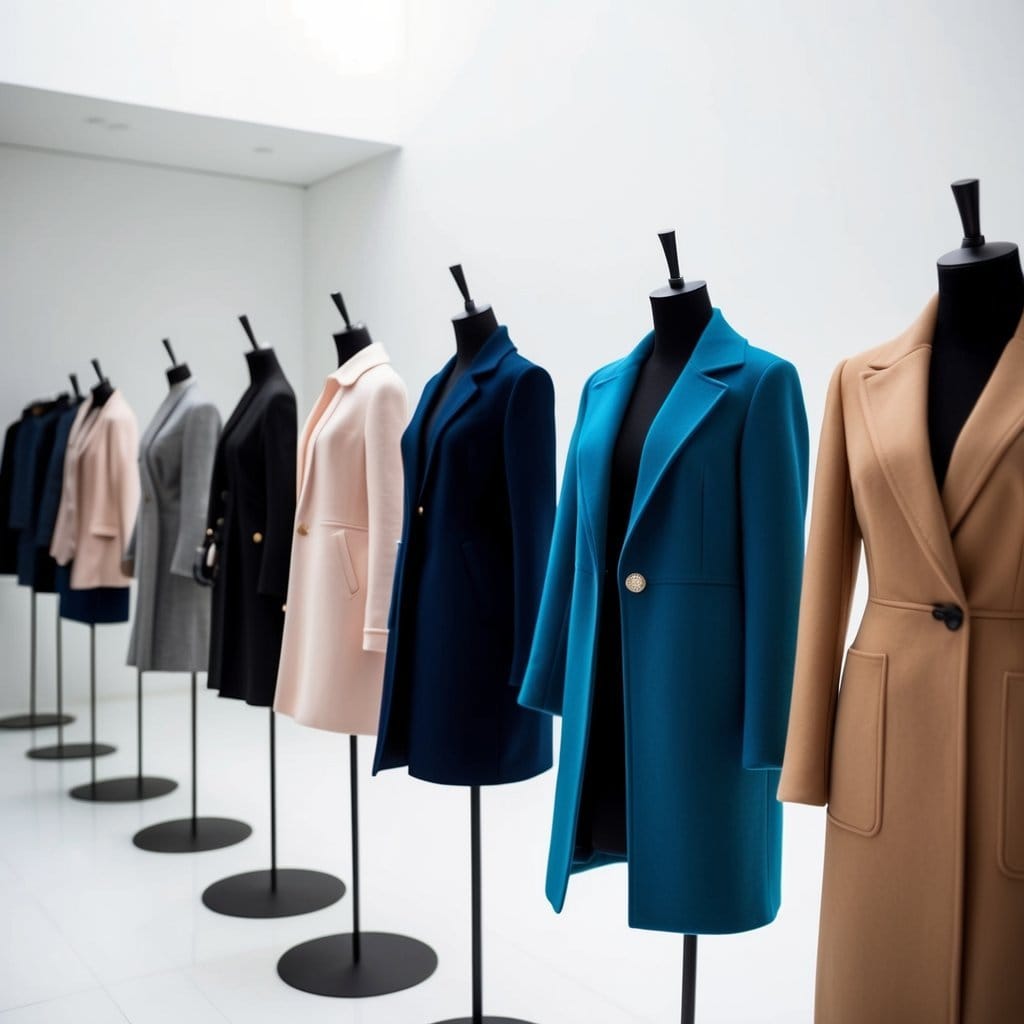 A row of stylish women's coats, jackets, and blazers displayed on mannequins against a clean, minimalist backdrop