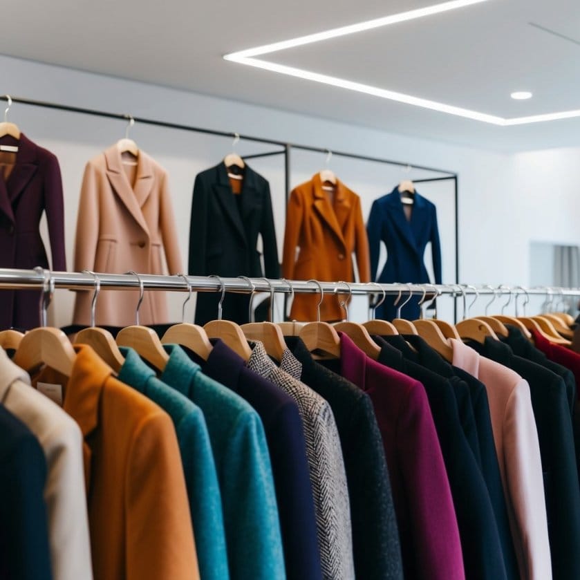 A collection of women's coats, jackets, and blazers in a variety of colors and styles displayed on racks in a modern, minimalist showroom