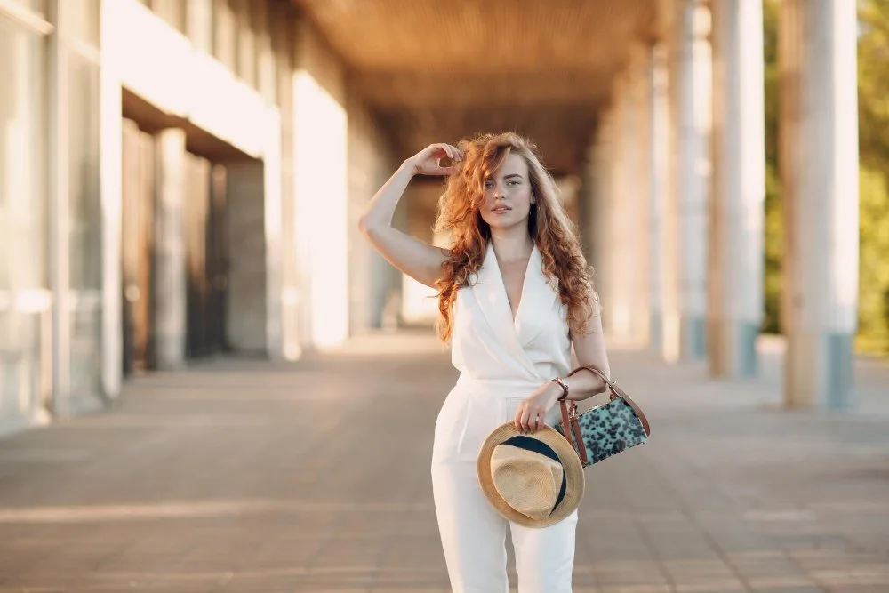 Jumpsuit accessories and footwear styling options including shoes, bags, and jewelry