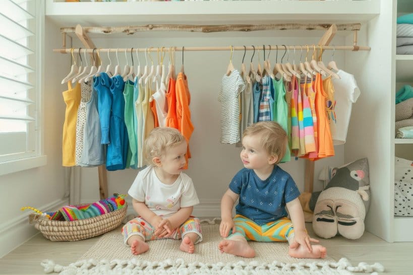 Two toddler boys sitting on the floor in front of a clothing rail
