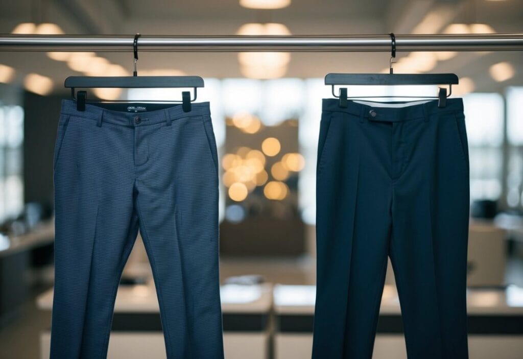 A pair of pants and trousers side by side on a hanger. Pants are shorter and more casual, while trousers are longer and more formal