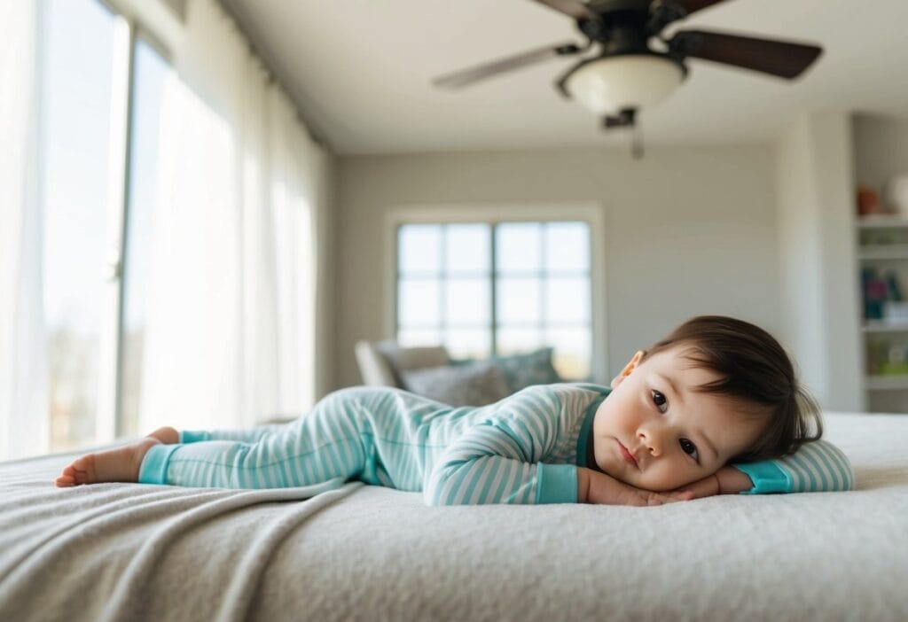 A toddler in lightweight pajamas, lying on a soft blanket under a ceiling fan, with a sunlit window in the background