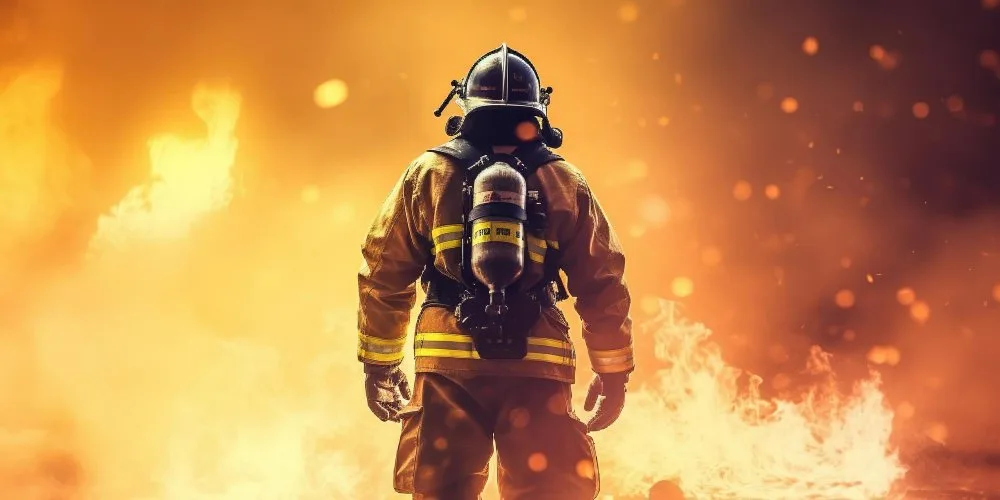 A fireman standing in front of a fire